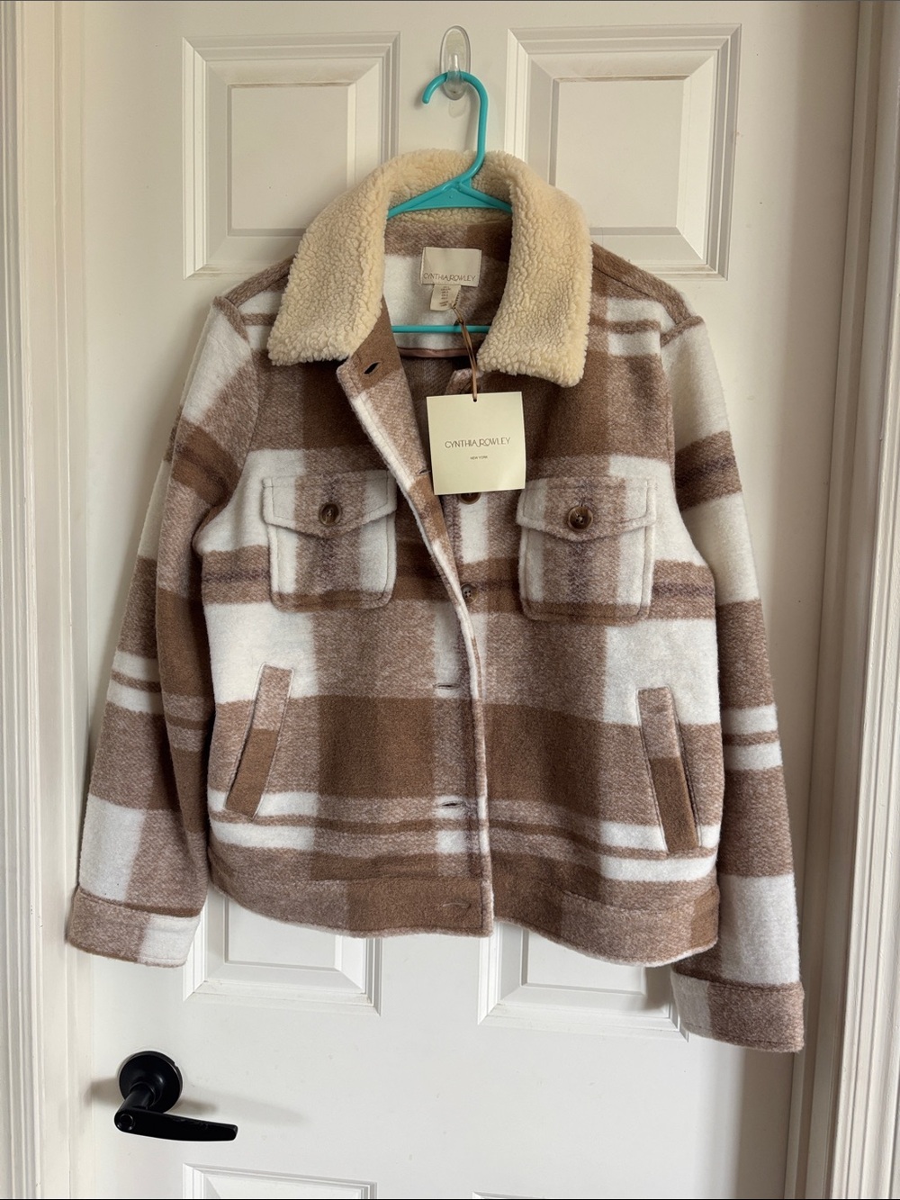Cynthia Rowley Cream & Brown Plaid Sherpa Collar Jacket